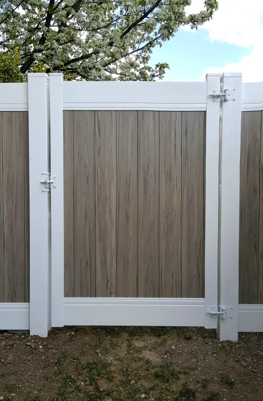 White Vinyl Gate with Maple Finish