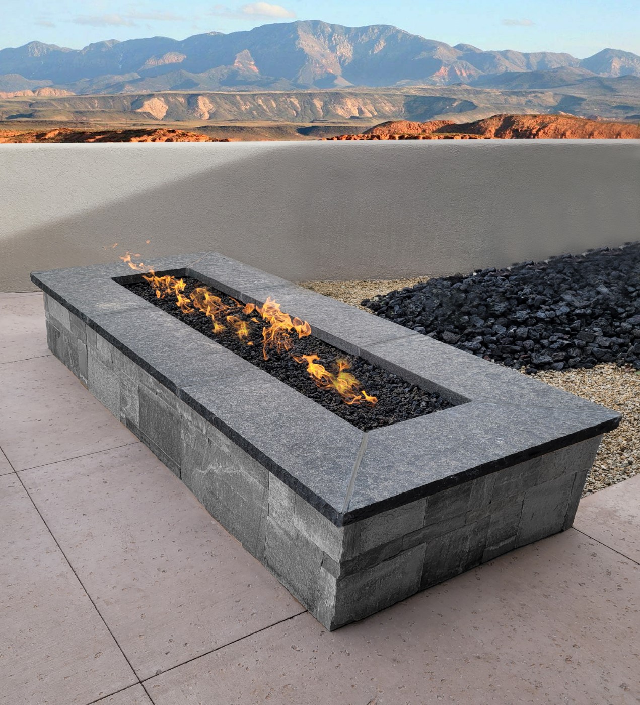 Rectangular Fire Pit with Stone Finish