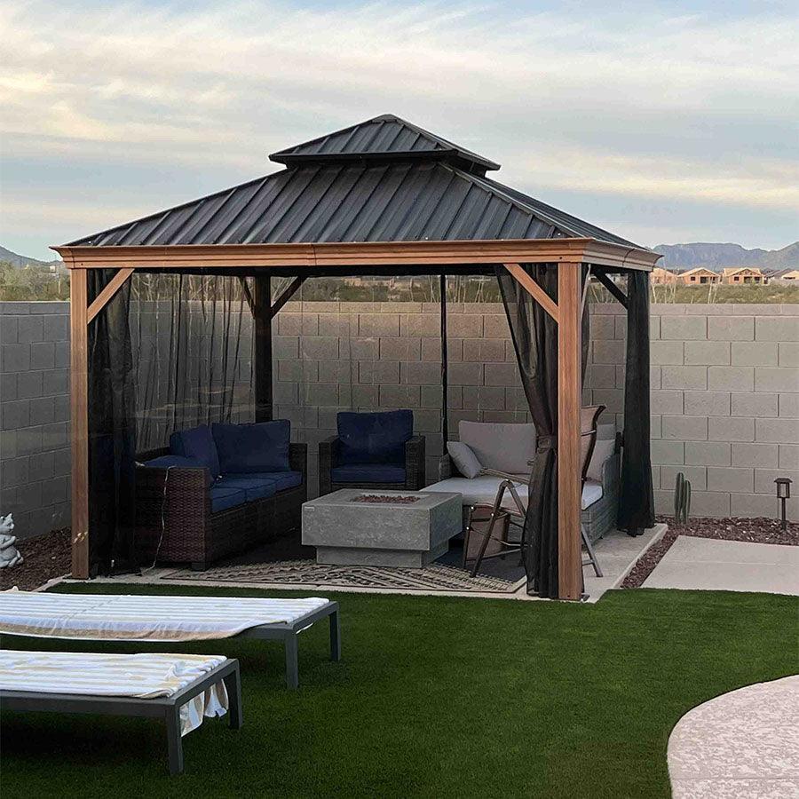 12x12 Hard Top Gazebo with Woodgrain Metal Finish